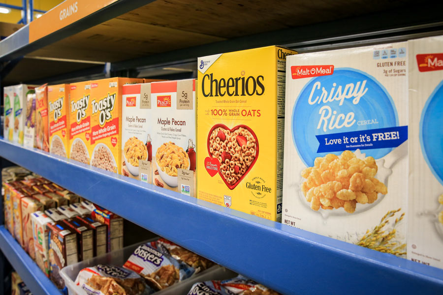 Cereal boxes at the food shelf